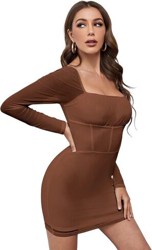 WDIRARA Women's Square Neck Mesh Long Sleeve Ruched Bodycon Mini Sexy Club Wedding Guest Bridesmaid Dress in Saudi Arabia