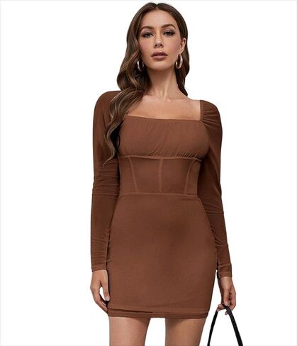 WDIRARA Women's Square Neck Mesh Long Sleeve Ruched Bodycon Mini Sexy Club Wedding Guest Bridesmaid Dress in Saudi Arabia