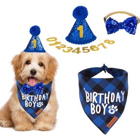 ADOGGYGO Dog Birthday Party Supplies, Multi Size Offered, Birthday Boy Dog Bandana, Dog Birthday Hat with Numbers for Large X-Large Dogs Pets (X-Large, Blue)