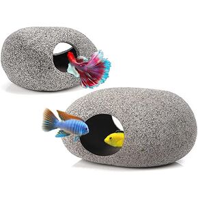 MUNLIT Ceramic Fish Tank Decorations, Betta Fish Tank Accessories Rock Caves, Stackable Aquarium Cichlid Cave, Betta Fish Hideout and House, Small Hiding Rock for Fish Bowl (Mountain Style)