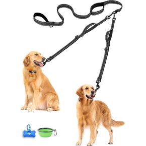 PetBonus Double Dog Leash, No Tangle Dual Dog Leash, Reflective Walking Training Leash, 4 Comfortable Padded Handles for 2 Dogs with Collapsible Bowl and Waste Bags Dispenser (Pink, Large)
