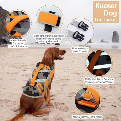 Kuoser Reflective Dog Life Jacket, Dog Life Vest for Swimming Boating in Kuwait