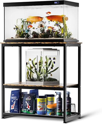HOYRR Fish Tank Stand,Aquarium Stand,Vintage Ironwood Aquarium Stand,Three Tier Fish Tank Stand with Storage Basket,10/20 Gallon Fish Tank Stand Bearable 800 lbs,29.53" L x 15.75" W x 30.71" H(black in Kuwait