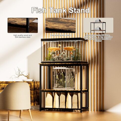 HOYRR Fish Tank Stand,Aquarium Stand,Vintage Ironwood Aquarium Stand,Three Tier Fish Tank Stand with Storage Basket,10/20 Gallon Fish Tank Stand Bearable 800 lbs,29.53" L x 15.75" W x 30.71" H(black in Kuwait
