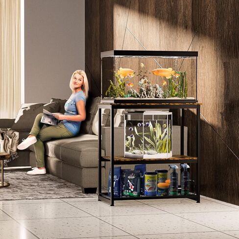 HOYRR Fish Tank Stand,Aquarium Stand,Vintage Ironwood Aquarium Stand,Three Tier Fish Tank Stand with Storage Basket,10/20 Gallon Fish Tank Stand Bearable 800 lbs,29.53" L x 15.75" W x 30.71" H(black in Kuwait