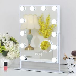 FENCHILIN Lighted Makeup Mirror Vanity Makeup Mirror with Light 12 LED BulbsHollywood Mirror Smart Touch Control 3Colors Lighting Modes Detachable 10X Magnification 360°Rotation(White)