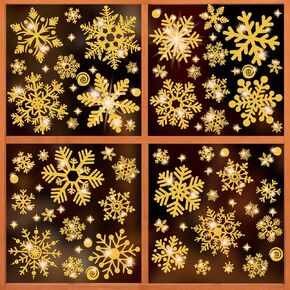 Gold Glitter Snowflake Window Clings 147PCS Sparkling Window Snowflakes Winter Wonderland Decorations for Home Office Christmas Party(Glitter Gold)