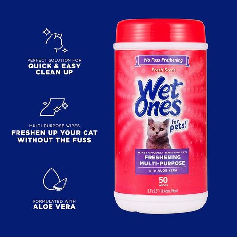 Wet Ones for Cats Freshening Wipes with Aloe Vera, Fresh Scent, 50 Count in Kuwait