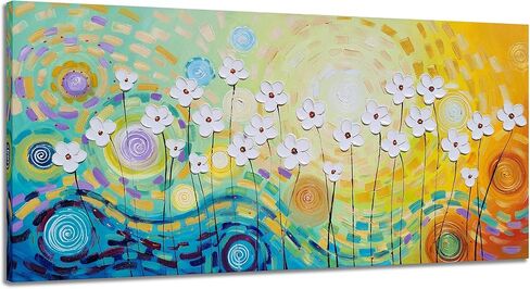 YHSKY ARTS White Flower Oil Paintings with Hand Painted Textured Modern Colorful Canvas Wall Art Contemporary Botanical Pictures Abstract Aesthetic Artwork for Living Room Bedroom Bathroom Decor in Kuwait