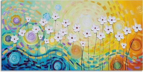 YHSKY ARTS White Flower Oil Paintings with Hand Painted Textured Modern Colorful Canvas Wall Art Contemporary Botanical Pictures Abstract Aesthetic Artwork for Living Room Bedroom Bathroom Decor in Kuwait