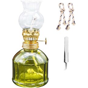 Kerosene Oil Lamp for Indoor Use,1 Glass Kerosene Lamp,2 Wicks and 1 Tweezers,Classic Retro Hurricane Lantern Decoration Outdoor Camping(Transparent)