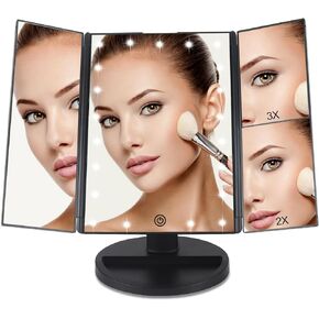مرآة مكياج Tru2U Vanity مع أضواء وتكبير، مرآة ثلاثية الاتجاهات، مرآة محمولة ثلاثية الطي، تكبير 1X 2X 3X، مصدر طاقة، Espejo con Luz para maquillaje (أبيض)