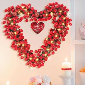 Rionaty 13.8'' Valentine's Day Heart Wreath with LED Lights + 3'' Heart Wooden Pendant,Valentines Wreaths for Front Door Red Berry Wreath for Door Anniversary Wedding Decor (Batteries Not Included) in Saudi Arabia