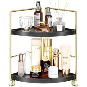 KINGBERWI 2-Tier Bathroom Corner Counter Organizer, Makeup Storage Shelf Vanity Tray, Bathroom Sink Countertop Organizer, Black