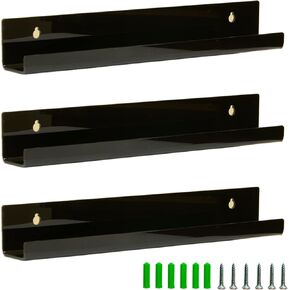 MetFun 3 Pack Vinyl Record Wall Mount Holder-12 Inch Clear Acrylic Shelf for Vinyl Record Display - Floating Book Shelves for Kids Room