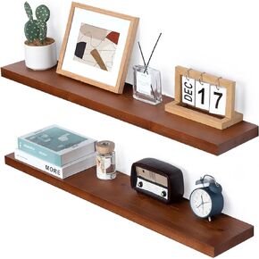 Marsmiles 36 Inch Wood Floating Shelves for Wall, Rustic Wall Mounted Shelves Cherry Wood Color Set of 2, Solid Wood Long Shelves for Bathroom Kitchen Living Room Bedroom - Cherry Walnut