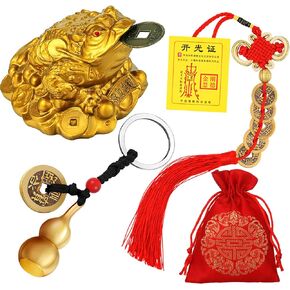 3 Pieces Feng Shui Money Frog Chinese Knot Lucky Coins Feng Shui Brass Wu Lou with Coins Keychain for Longevity Travel Safely Wealth Success and Good Luck with 1 Blessing Card and 1 Red Blessing Bag in Kuwait
