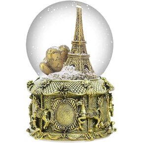 Eiffel Tower Snow Globe Plays 8 Classic Tunes, 100mm Music Snowglobes Carousel Horses Base Hand-Painted Collectible Gifts for Birthday Christmas