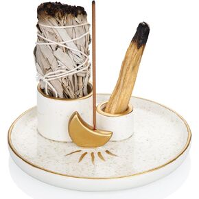 ZenBless 4 in 1 Incense Burner Holder, Palo Santo Holder, Sage Holder for Burning, Incense Holder for Sticks, Candle Holder, 5.9 inches Ceramic Ash Catcher Tray for Meditation Yoga Room(White)