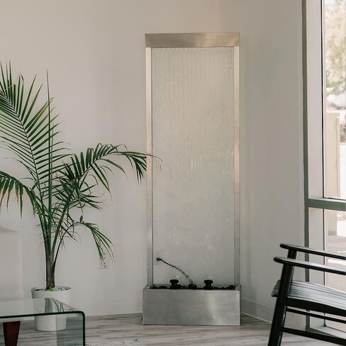 اكس براند نافورة شلال عاكسة 72 انش، شلال قائم بذاته، من الفولاذ/الزجاج مع مضخة، مصابيح LED وصخور لديكور المنزل والمكتب in Kuwait