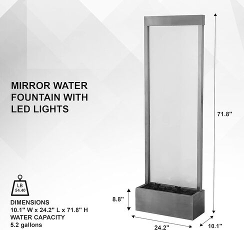 اكس براند نافورة شلال عاكسة 72 انش، شلال قائم بذاته، من الفولاذ/الزجاج مع مضخة، مصابيح LED وصخور لديكور المنزل والمكتب in Kuwait