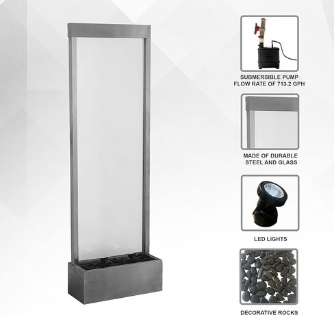 اكس براند نافورة شلال عاكسة 72 انش، شلال قائم بذاته، من الفولاذ/الزجاج مع مضخة، مصابيح LED وصخور لديكور المنزل والمكتب in Kuwait