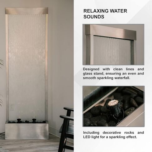 اكس براند نافورة شلال عاكسة 72 انش، شلال قائم بذاته، من الفولاذ/الزجاج مع مضخة، مصابيح LED وصخور لديكور المنزل والمكتب in Kuwait
