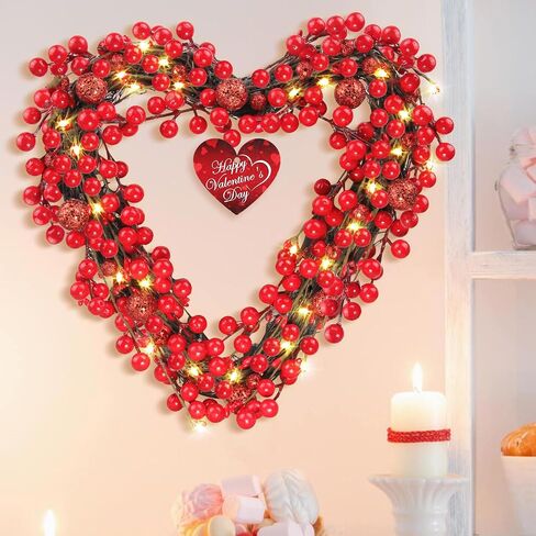 Rionaty 13.8'' Valentine's Day Heart Wreath with LED Lights + 3'' Heart Wooden Pendant,Valentines Wreaths for Front Door Red Berry Wreath for Door Anniversary Wedding Decor (Batteries Not Included) in Saudi Arabia