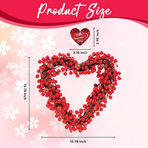 Rionaty 13.8'' Valentine's Day Heart Wreath with LED Lights + 3'' Heart Wooden Pendant,Valentines Wreaths for Front Door Red Berry Wreath for Door Anniversary Wedding Decor (Batteries Not Included) in Saudi Arabia