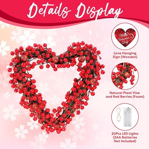 Rionaty 13.8'' Valentine's Day Heart Wreath with LED Lights + 3'' Heart Wooden Pendant,Valentines Wreaths for Front Door Red Berry Wreath for Door Anniversary Wedding Decor (Batteries Not Included) in Saudi Arabia