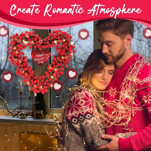 Rionaty 13.8'' Valentine's Day Heart Wreath with LED Lights + 3'' Heart Wooden Pendant,Valentines Wreaths for Front Door Red Berry Wreath for Door Anniversary Wedding Decor (Batteries Not Included) in Saudi Arabia