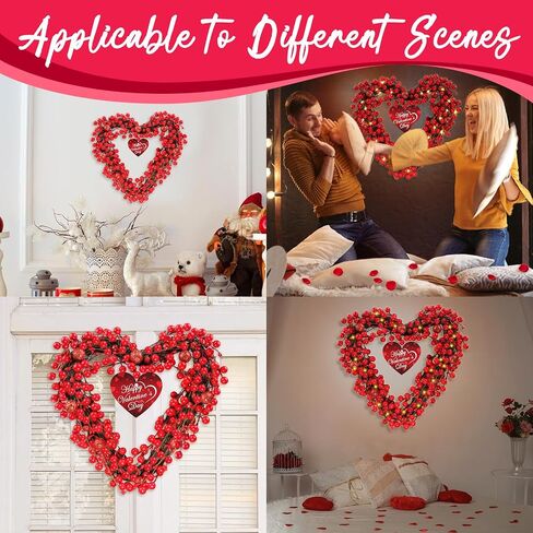 Rionaty 13.8'' Valentine's Day Heart Wreath with LED Lights + 3'' Heart Wooden Pendant,Valentines Wreaths for Front Door Red Berry Wreath for Door Anniversary Wedding Decor (Batteries Not Included) in Saudi Arabia