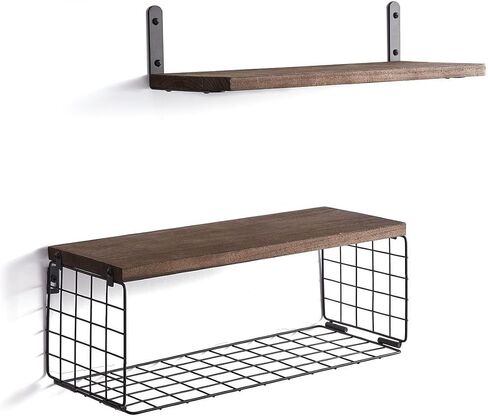 2Pcs Wood Floating Shelves for Wall, Wall Shelf and Wall Basket, Wall Shelves for Bedroom, Wall Mounted Shelves, Wooden Wall Shelving for Bathroom, Living room, Kitchen.- Dark Brown (Dark Brown) in Saudi Arabia