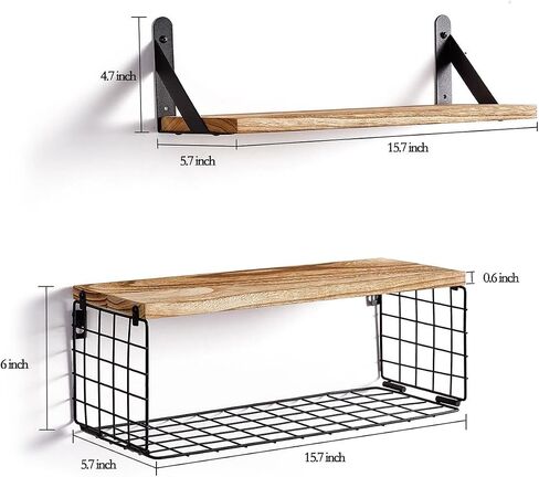 2Pcs Wood Floating Shelves for Wall, Wall Shelf and Wall Basket, Wall Shelves for Bedroom, Wall Mounted Shelves, Wooden Wall Shelving for Bathroom, Living room, Kitchen.- Dark Brown (Dark Brown) in Saudi Arabia