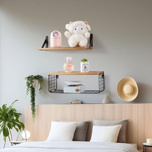 2Pcs Wood Floating Shelves for Wall, Wall Shelf and Wall Basket, Wall Shelves for Bedroom, Wall Mounted Shelves, Wooden Wall Shelving for Bathroom, Living room, Kitchen.- Dark Brown (Dark Brown) in Saudi Arabia