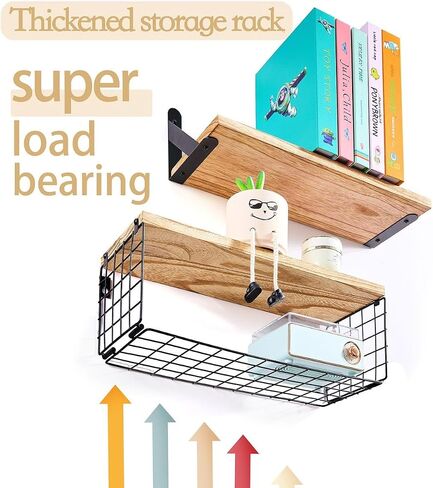 2Pcs Wood Floating Shelves for Wall, Wall Shelf and Wall Basket, Wall Shelves for Bedroom, Wall Mounted Shelves, Wooden Wall Shelving for Bathroom, Living room, Kitchen.- Dark Brown (Dark Brown) in Saudi Arabia