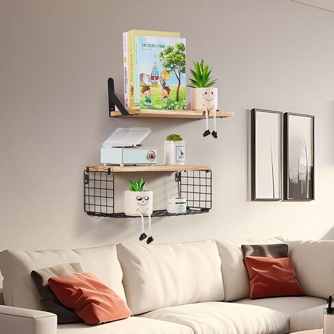 2Pcs Wood Floating Shelves for Wall, Wall Shelf and Wall Basket, Wall Shelves for Bedroom, Wall Mounted Shelves, Wooden Wall Shelving for Bathroom, Living room, Kitchen.- Dark Brown (Dark Brown) in Saudi Arabia