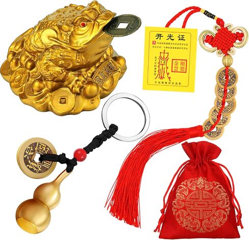 3 Pieces Feng Shui Money Frog Chinese Knot Lucky Coins Feng Shui Brass Wu Lou with Coins Keychain for Longevity Travel Safely Wealth Success and Good Luck with 1 Blessing Card and 1 Red Blessing Bag in Kuwait