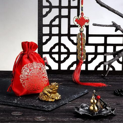 3 Pieces Feng Shui Money Frog Chinese Knot Lucky Coins Feng Shui Brass Wu Lou with Coins Keychain for Longevity Travel Safely Wealth Success and Good Luck with 1 Blessing Card and 1 Red Blessing Bag in Kuwait
