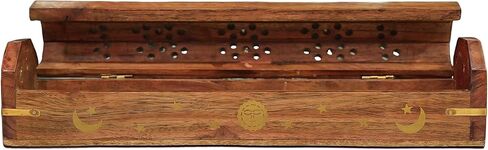 eco Craft Ash Catcher & Incense Burner Holder Box, Wooden Incense Holder for Sticks with Storage Drawer Sun & Moon Printed 12 Inches in Kuwait