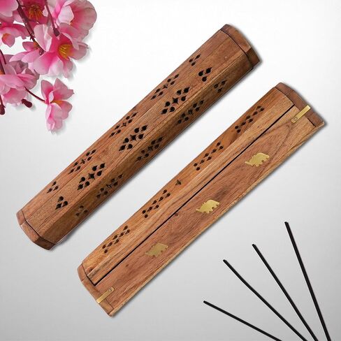 eco Craft Ash Catcher & Incense Burner Holder Box, Wooden Incense Holder for Sticks with Storage Drawer Sun & Moon Printed 12 Inches in Kuwait