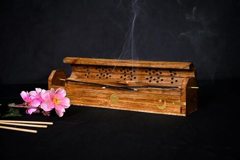 eco Craft Ash Catcher & Incense Burner Holder Box, Wooden Incense Holder for Sticks with Storage Drawer Sun & Moon Printed 12 Inches in Kuwait