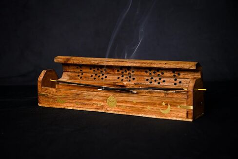 eco Craft Ash Catcher & Incense Burner Holder Box, Wooden Incense Holder for Sticks with Storage Drawer Sun & Moon Printed 12 Inches in Kuwait