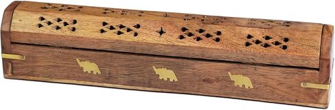 eco Craft Wood Ash Catcher & Incense Burner Holder Box Aromatherapy Ash Box Natural Acacia Wood Ceramic Coffin Compartment Cone Design Holder (Size-12"x2.25"x2.5") in Kuwait