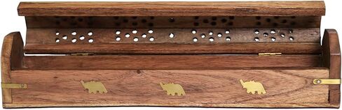 eco Craft Wood Ash Catcher & Incense Burner Holder Box Aromatherapy Ash Box Natural Acacia Wood Ceramic Coffin Compartment Cone Design Holder (Size-12"x2.25"x2.5") in Kuwait