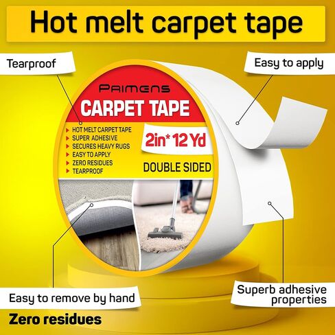 Double Sided Carpet Tape - Rug Grippers Tape for Area Rugs and Hardwood Floors Safe - Carpet Binding Tape Removable, Residue Free, Strong Adhesive and Heavy Duty Stickers Tape, 2 Inch / 12 Yards in Kuwait