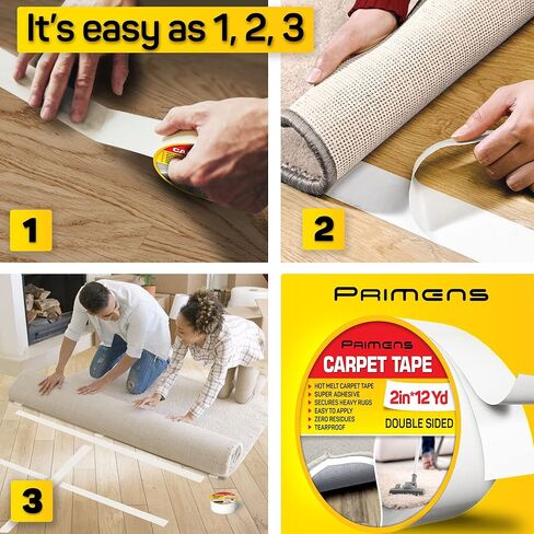 Double Sided Carpet Tape - Rug Grippers Tape for Area Rugs and Hardwood Floors Safe - Carpet Binding Tape Removable, Residue Free, Strong Adhesive and Heavy Duty Stickers Tape, 2 Inch / 12 Yards in Kuwait