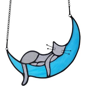 القط النائم على القمر الزجاج الملون النوافذ المعلقة، القط على القمر ديكور القط الهدايا التذكارية، يدويا الزجاج الملون suncatchers القط الديكور نافذة داخلية، هدايا القط لمحبي القطط (أسود رمادي) in Kuwait