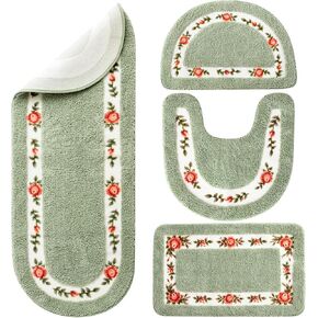 Timgle 4 Pcs Coquette Rug Rose Flower Area Rugs Non Slip Absorbent Bathroom Rugs Washable Door Mat Cottagecore Floral Bathroom Rug Toilet Rug Cute Bath Mat for Home Hotel, 4 Shapes (Green)