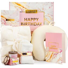 Women's Birthday Gift Basket - Happy Birthday Gift Basket For Her w/Memory Foam Pillow, Blanket, Candle, Socks, Journal, and Card - Curated Birthday Gift Set and Happy Birthday Gift Box for Women